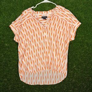 Investments Womens Orange Ikat Print Short Sleeve Button Up Top Blouse Sz M BOHO